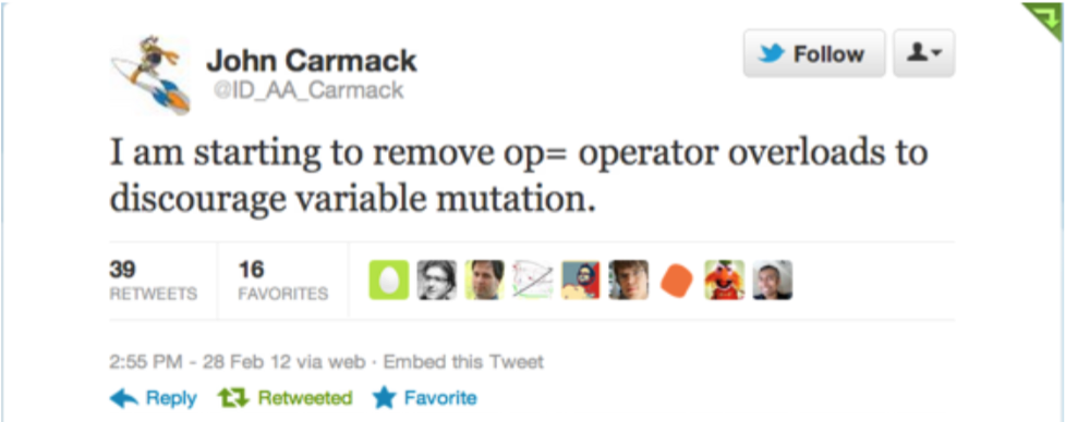 Carmack discourages variable mutation
